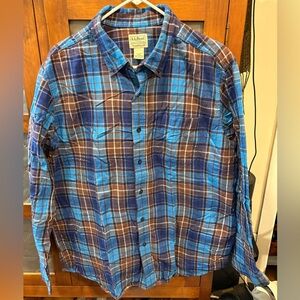 L.L. Bean Men's Portuguese Flannel Button down shirt in blue and brown plaid
